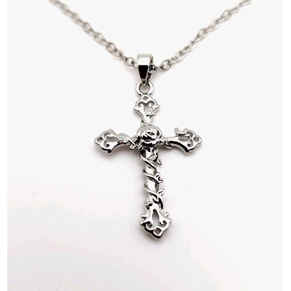 Silver‎ Cross Necklace Floral Pendant Faith Jewelry